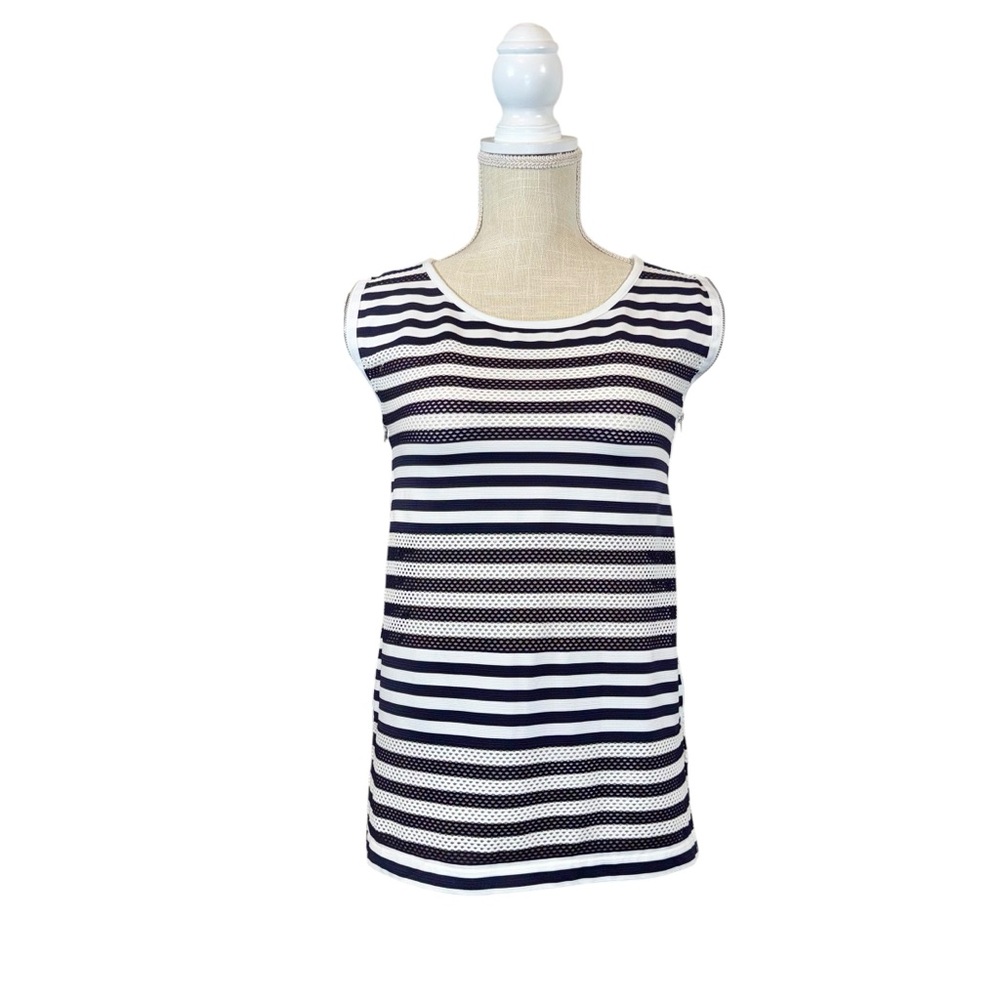 AMS Pure Top Womans Sz 6 Striped Sleeveless Zipper‎ Sides Blue White Open Knit